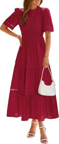 dowerme Summer Dresses for Women 2025 Casual Boho Hollow Out Short Sleeve Ruffle Mock Neck Smocked Maxi Gingham Sundress in Saudi Arabia