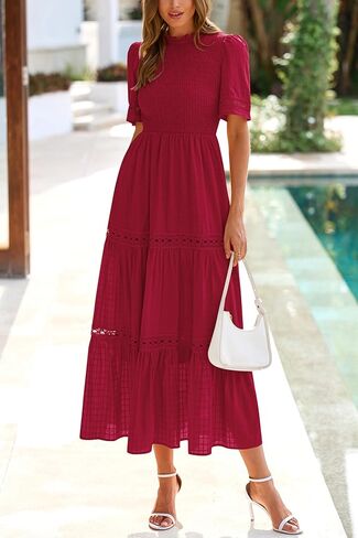 dowerme Summer Dresses for Women 2025 Casual Boho Hollow Out Short Sleeve Ruffle Mock Neck Smocked Maxi Gingham Sundress in Saudi Arabia