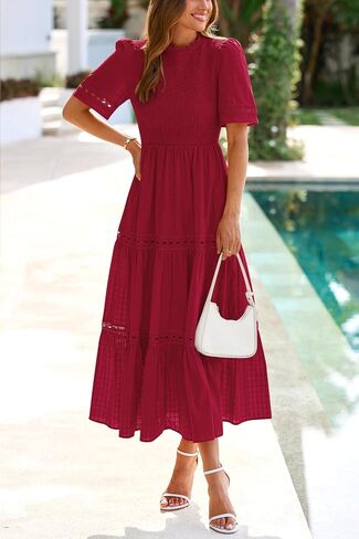 dowerme Summer Dresses for Women 2025 Casual Boho Hollow Out Short Sleeve Ruffle Mock Neck Smocked Maxi Gingham Sundress in Saudi Arabia