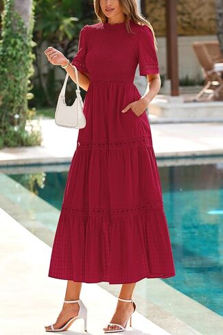 dowerme Summer Dresses for Women 2025 Casual Boho Hollow Out Short Sleeve Ruffle Mock Neck Smocked Maxi Gingham Sundress in Saudi Arabia