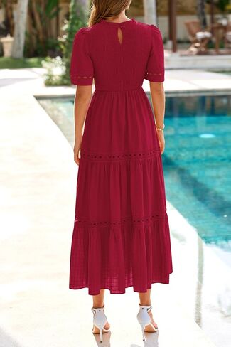 dowerme Summer Dresses for Women 2025 Casual Boho Hollow Out Short Sleeve Ruffle Mock Neck Smocked Maxi Gingham Sundress in Saudi Arabia