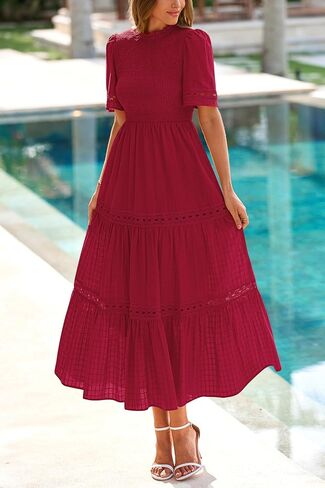 dowerme Summer Dresses for Women 2025 Casual Boho Hollow Out Short Sleeve Ruffle Mock Neck Smocked Maxi Gingham Sundress in Saudi Arabia