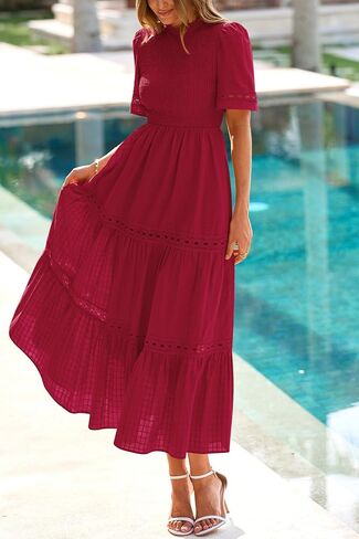 dowerme Summer Dresses for Women 2025 Casual Boho Hollow Out Short Sleeve Ruffle Mock Neck Smocked Maxi Gingham Sundress in Saudi Arabia