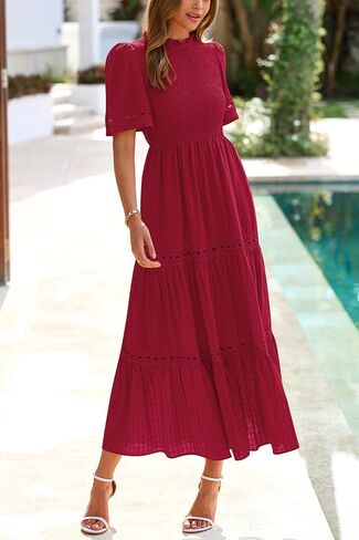 dowerme Summer Dresses for Women 2025 Casual Boho Hollow Out Short Sleeve Ruffle Mock Neck Smocked Maxi Gingham Sundress in Saudi Arabia