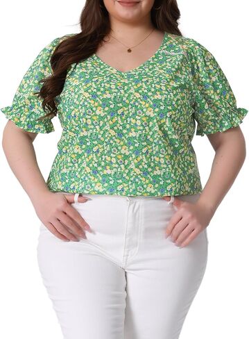 قمم Agnes Orinda Plus Floral Tops for Women's V Neck Shuffle Short Short in Kuwait