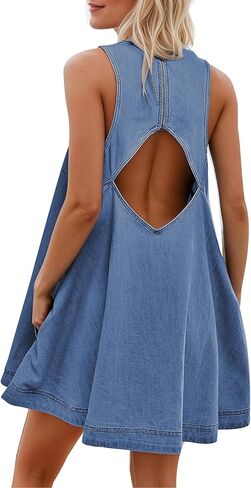 Women's Sleeveless Denim Babydoll Mini Dress Summer Casual Cutout Back A-Line Flowy Jean Dress with Pockets in Kuwait
