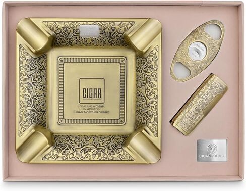 Cigar Ashtray Set, Home Ashtray with 4 Large Slots, Cigar Cutter and Windproof Lighter in 3 Pieces Gift Box Packaging (Silvery） in Saudi Arabia