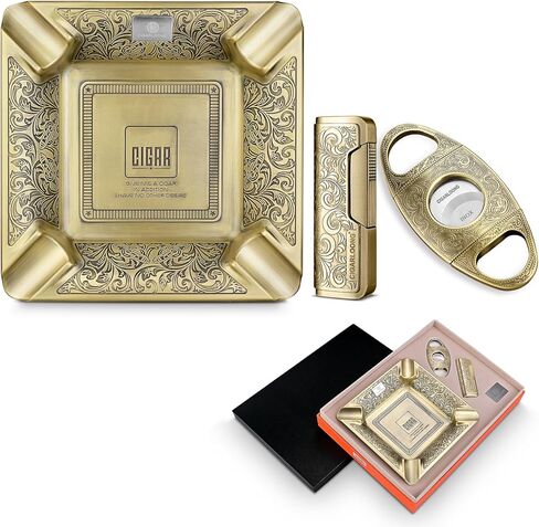Cigar Ashtray Set, Home Ashtray with 4 Large Slots, Cigar Cutter and Windproof Lighter in 3 Pieces Gift Box Packaging (Silvery） in Saudi Arabia