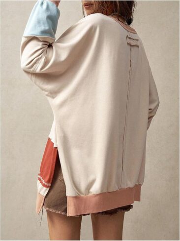 MakeMeChic Women's Patchwork Color Block Sweatshirt Round Neck Long Sleeve Slit Hem Pullover Tops in Saudi Arabia