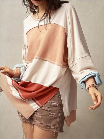 MakeMeChic Women's Patchwork Color Block Sweatshirt Round Neck Long Sleeve Slit Hem Pullover Tops in Saudi Arabia