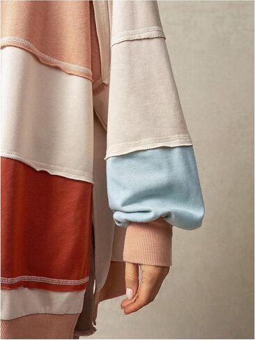MakeMeChic Women's Patchwork Color Block Sweatshirt Round Neck Long Sleeve Slit Hem Pullover Tops in Saudi Arabia