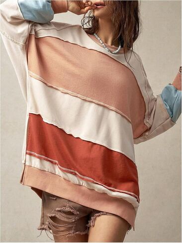 MakeMeChic Women's Patchwork Color Block Sweatshirt Round Neck Long Sleeve Slit Hem Pullover Tops in Saudi Arabia