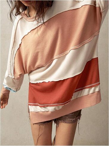 MakeMeChic Women's Patchwork Color Block Sweatshirt Round Neck Long Sleeve Slit Hem Pullover Tops in Saudi Arabia