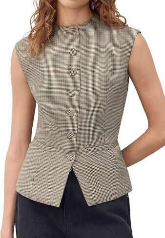 Tankaneo Womens Gingham Suit Vest Tops Round Neck Sleeveless Button Down Fitted Waistcoat Dressy Casual Plaid Blazer Vest in Saudi Arabia