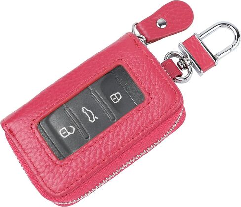 Wuyaoyao Car Key Fob Cover, Genuine Leather Car Key Case Holder with Keychain, Universal Car Smart Key Protector Case for Men Women (Rose Red) in Kuwait