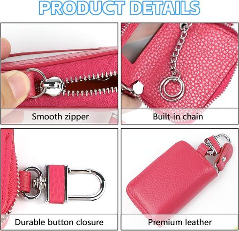 Wuyaoyao Car Key Fob Cover, Genuine Leather Car Key Case Holder with Keychain, Universal Car Smart Key Protector Case for Men Women (Rose Red) in Kuwait