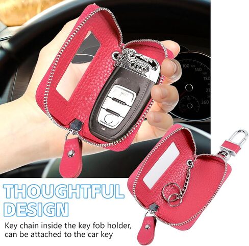 Wuyaoyao Car Key Fob Cover, Genuine Leather Car Key Case Holder with Keychain, Universal Car Smart Key Protector Case for Men Women (Rose Red) in Kuwait