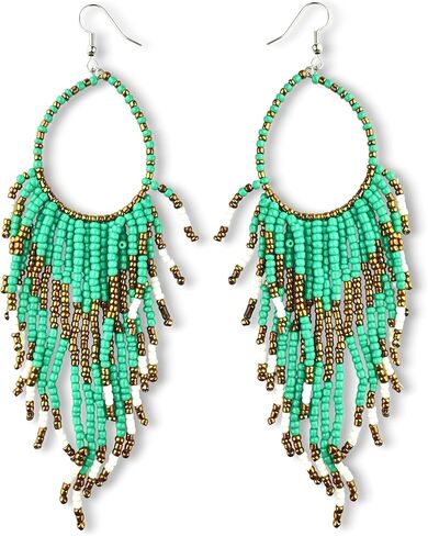 Colorful Bead Dangles, Cowboy Chic Earrings for Women, Boho Handmade Red, Gold, Turquoise Earrings, Ethnic Dangling Beads Design, Gift-Ready, Perfect for Concerts & Festivals in Kuwait