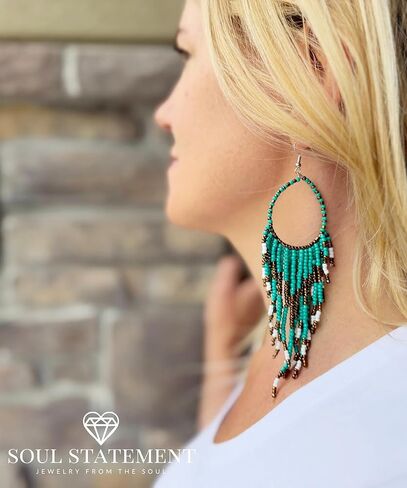 Colorful Bead Dangles, Cowboy Chic Earrings for Women, Boho Handmade Red, Gold, Turquoise Earrings, Ethnic Dangling Beads Design, Gift-Ready, Perfect for Concerts & Festivals in Kuwait