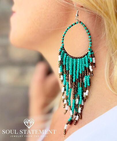 Colorful Bead Dangles, Cowboy Chic Earrings for Women, Boho Handmade Red, Gold, Turquoise Earrings, Ethnic Dangling Beads Design, Gift-Ready, Perfect for Concerts & Festivals in Kuwait
