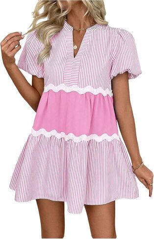 SOLY HUX Women's Striped Puff Sleeve Dress Cute Notch V Neck A Line Mini Going Out Dresses in Saudi Arabia