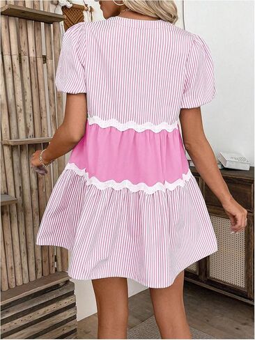 SOLY HUX Women's Striped Puff Sleeve Dress Cute Notch V Neck A Line Mini Going Out Dresses in Saudi Arabia