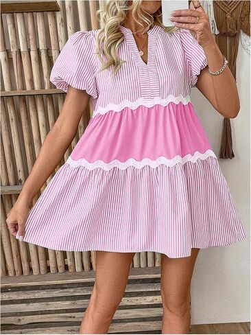 SOLY HUX Women's Striped Puff Sleeve Dress Cute Notch V Neck A Line Mini Going Out Dresses in Saudi Arabia