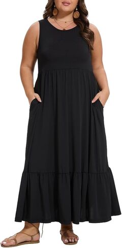 Moon Wood Women's Plus Size Sleeveless Summer Dress Crewneck Tank Casual Flowy Maxi Dress with Pockets Vacation Outfits in Saudi Arabia