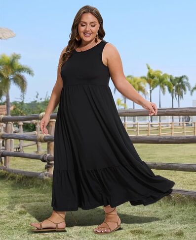 Moon Wood Women's Plus Size Sleeveless Summer Dress Crewneck Tank Casual Flowy Maxi Dress with Pockets Vacation Outfits in Saudi Arabia