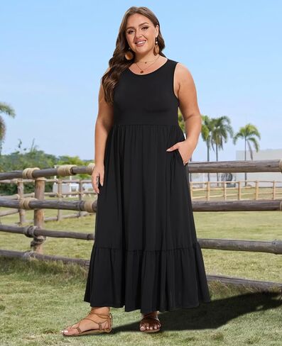 Moon Wood Women's Plus Size Sleeveless Summer Dress Crewneck Tank Casual Flowy Maxi Dress with Pockets Vacation Outfits in Saudi Arabia