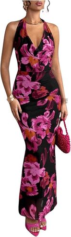 SOLY HUX Women's Floral Print Mesh Halter Bodycon Dress Cowl Neck Tie Backless Maxi Dresses in Saudi Arabia