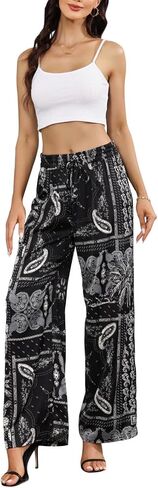 Summer Flowy Palazzo Pants for Women,Floral Casual Boho Wide Leg Pants,Beach Vacation Outfits for Women in Saudi Arabia