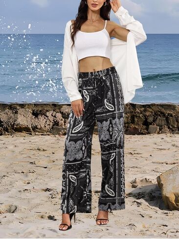Summer Flowy Palazzo Pants for Women,Floral Casual Boho Wide Leg Pants,Beach Vacation Outfits for Women in Saudi Arabia