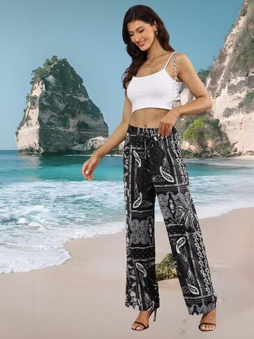 Summer Flowy Palazzo Pants for Women,Floral Casual Boho Wide Leg Pants,Beach Vacation Outfits for Women in Saudi Arabia