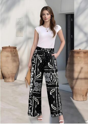 Summer Flowy Palazzo Pants for Women,Floral Casual Boho Wide Leg Pants,Beach Vacation Outfits for Women in Saudi Arabia