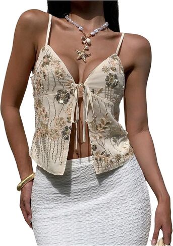 Milumia Women's Floral Sequin Front Tie Tops Y2k Split Hem Going Out Crop Tops in Saudi Arabia