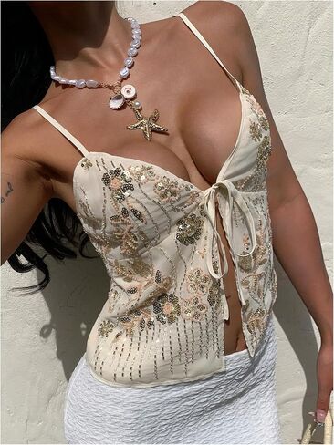 Milumia Women's Floral Sequin Front Tie Tops Y2k Split Hem Going Out Crop Tops in Saudi Arabia