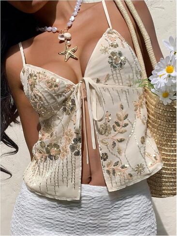 Milumia Women's Floral Sequin Front Tie Tops Y2k Split Hem Going Out Crop Tops in Saudi Arabia