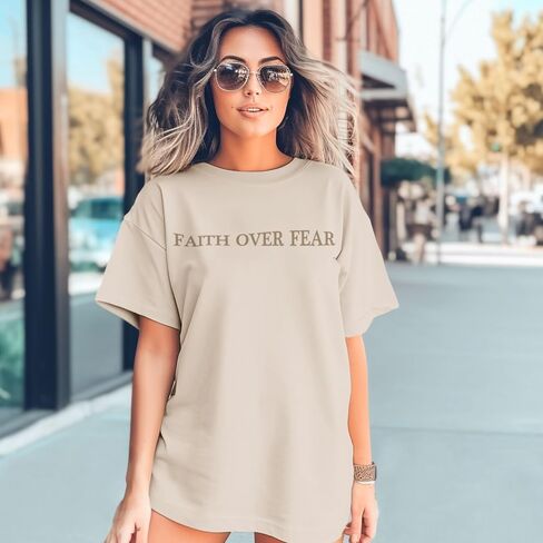 Faith Over Fear Christian Shirts for Women Oversized Jesus God Religious Bible Verse Tees Inspirational Tshirts Tops in Kuwait