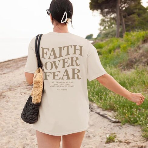 Faith Over Fear Christian Shirts for Women Oversized Jesus God Religious Bible Verse Tees Inspirational Tshirts Tops in Kuwait