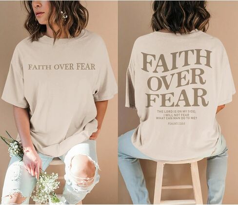 Faith Over Fear Christian Shirts for Women Oversized Jesus God Religious Bible Verse Tees Inspirational Tshirts Tops in Kuwait