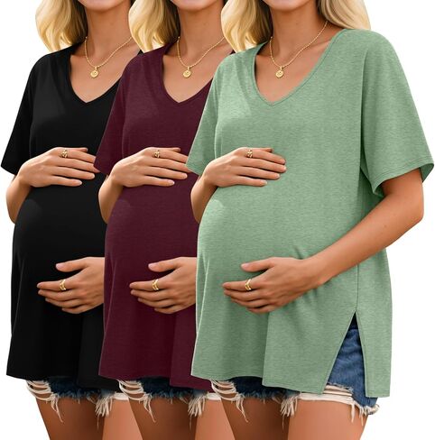 Ficerd 3 Pack Maternity Shirts Cotton V Neck Mama Tee Dolman Sleeve Side Split Pregnancy Clothes Summer Oversized Tops in Saudi Arabia