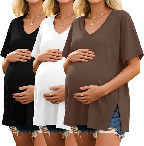 Ficerd 3 Pack Maternity Shirts Cotton V Neck Mama Tee Dolman Sleeve Side Split Pregnancy Clothes Summer Oversized Tops in Kuwait