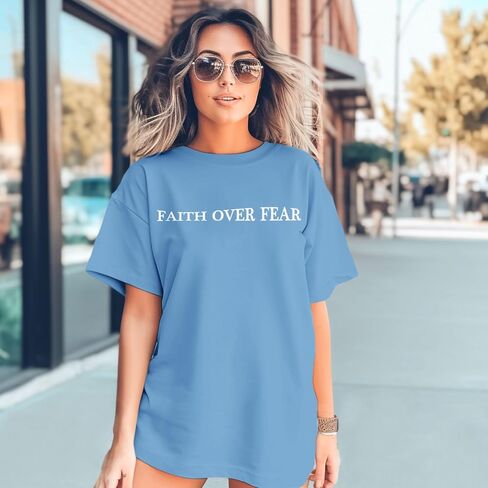 Faith Over Fear Christian Shirts for Women Oversized Jesus God Religious Bible Verse Tees Inspirational Tshirts Tops in Kuwait