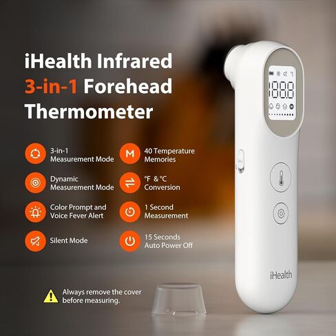 iHealth PT9L Digital Thermometer for Adults and Kids, 3-in-1 Infrared Baby Thermometer with 3-Color Prompt, Fever Alarm and Silent Mode, Forehead and Object Thermometer, 40 Memory Storages, White in Kuwait