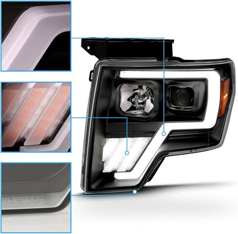 Amerilite استبدال المصابيح الأمامية LED Switchback LED ، الهالوجين ، جهاز عرض رباعي الأنبوب من 2009-2014 Ford F150 - جانب الركاب والسائق ، مجموعة ضوء السيارة ، أنبوب LED الأسود in Saudi Arabia