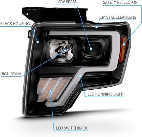 Amerilite استبدال المصابيح الأمامية LED Switchback LED ، الهالوجين ، جهاز عرض رباعي الأنبوب من 2009-2014 Ford F150 - جانب الركاب والسائق ، مجموعة ضوء السيارة ، أنبوب LED الأسود in Saudi Arabia