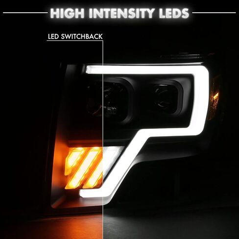 Amerilite استبدال المصابيح الأمامية LED Switchback LED ، الهالوجين ، جهاز عرض رباعي الأنبوب من 2009-2014 Ford F150 - جانب الركاب والسائق ، مجموعة ضوء السيارة ، أنبوب LED الأسود in Saudi Arabia