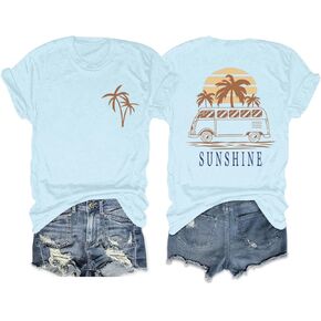 Hawaiian Shirts for Women Beach Hawaii Tropical Shirt Palm Tree Sunshine Graphic Tees Vacation Summer Vibes Tops in Kuwait