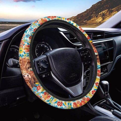 Premium 15-Inch Polyester Steering Wheel Cover - Highland Cattle Cow Colorful Flower Pattern - Auto Wheel Cover for Car, SUV, Van, RV in Saudi Arabia